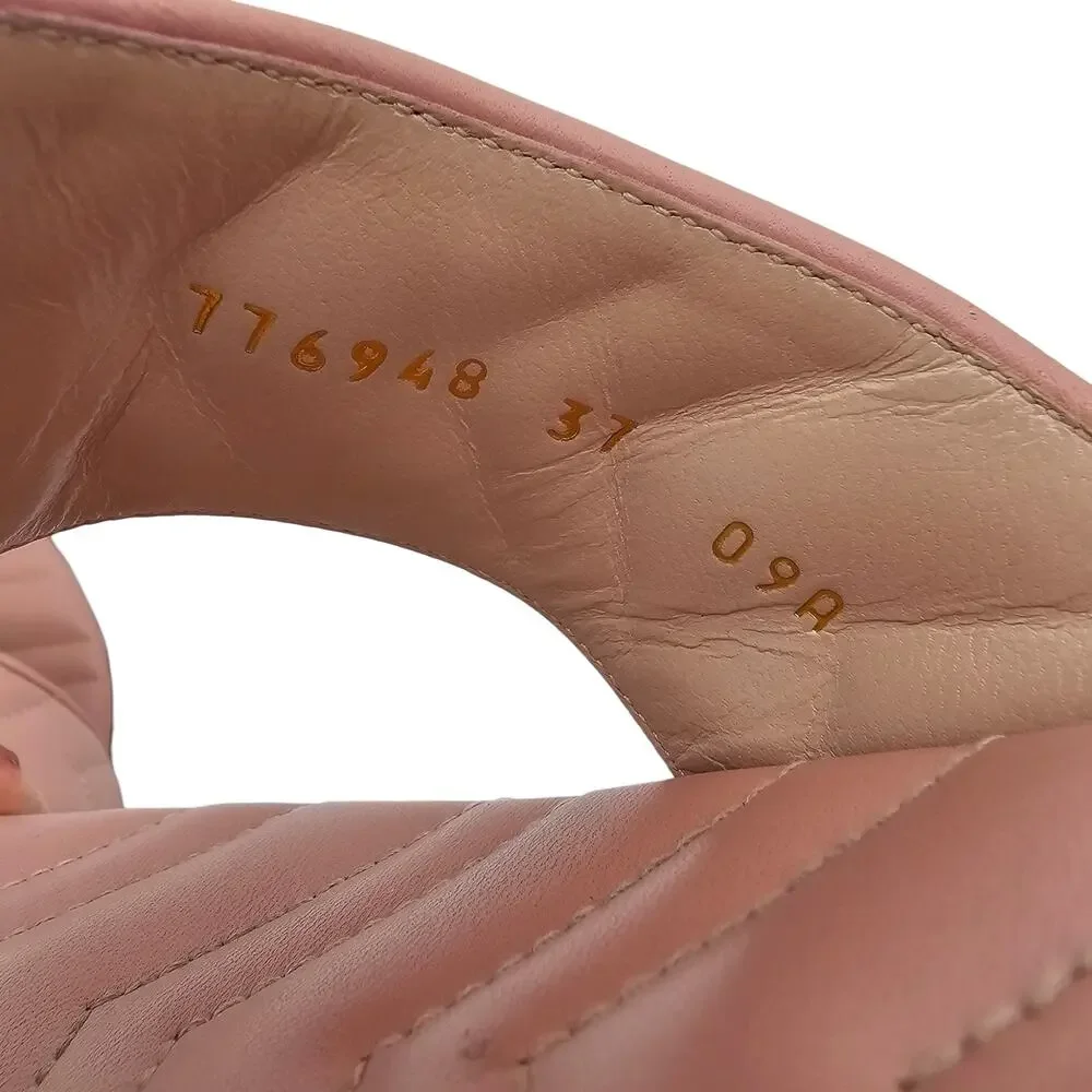 Gucci GG Marmont Flat Thong Sandal Pink Quilted Leather Gold Square Size 37 US 7